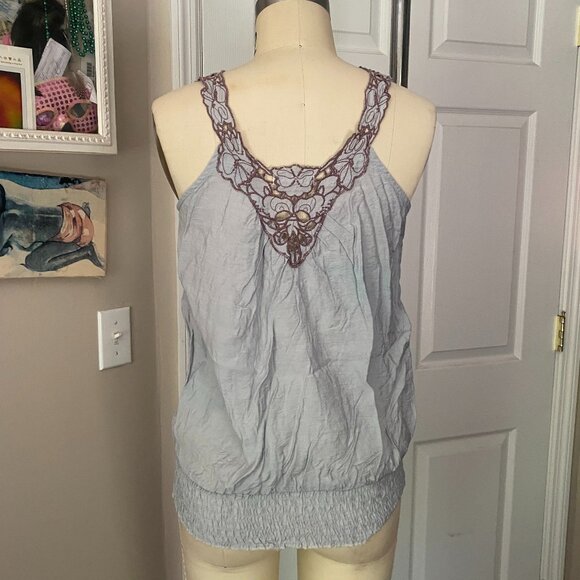 MINE Pale Gray COTTON Embroidered Shirred Drop Waist Tunic Shirt *SMALL* Y2K - Picture 4 of 6